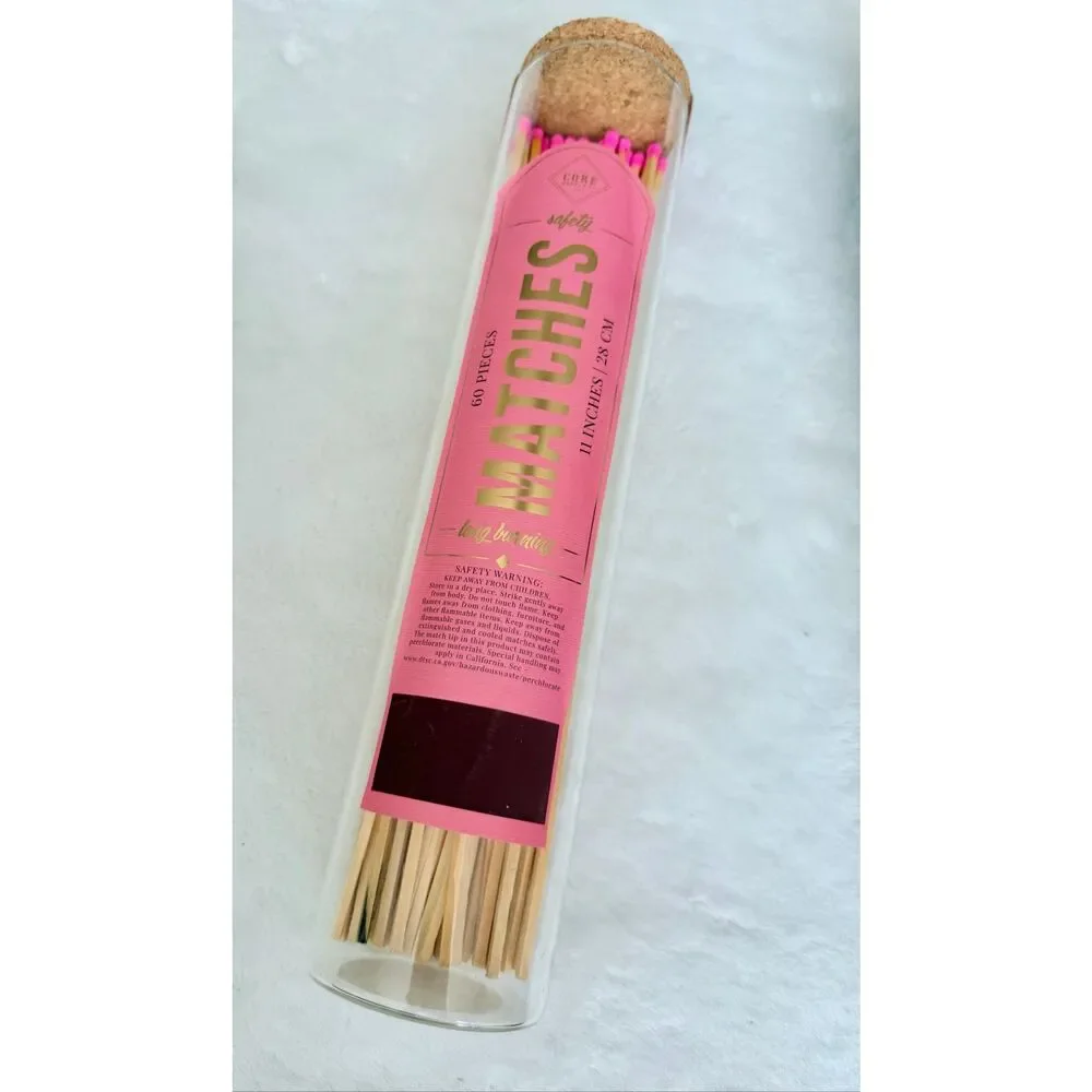 Core Home 11” Long Pink Fireplace Candle Matches in Glass Jar 60 Count New